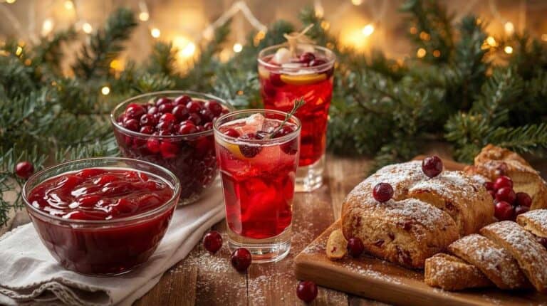 A sparking holiday table with cranberry sauces, drinks, and baked goods.