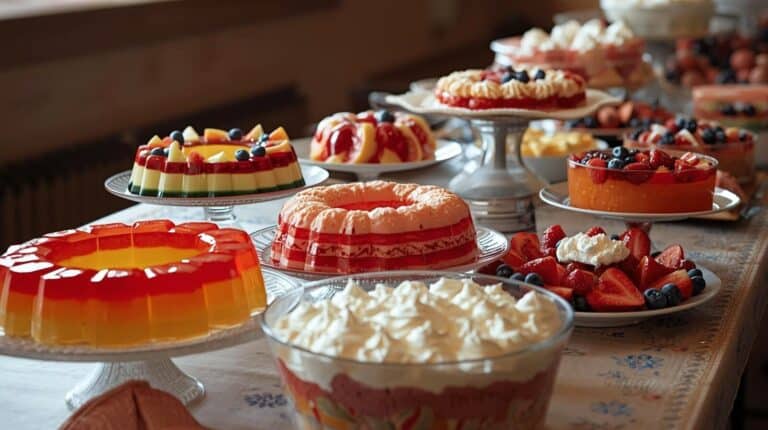 A classic potluck table lined with colorful, shimmering Jello creations—layered molds, whipped-cream-topped salads, and fruit-studded rings—glowing under bright church-hall lights.