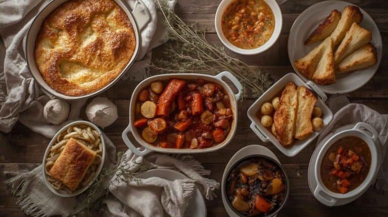 A hearty winter meal spread with baked casseroles, roasted vegetables, and comfort dishes arranged on a wooden table.