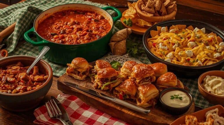 A pot of chili, a pan of cheesy baked sliders, loaded nachos with melted cheese, and a bowl of pretzels.