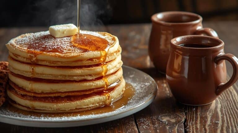 A steaming stack of fluffy pancakes drizzled with maple syrup, melting butter sliding down the sides, and powdered sugar dusted like fresh snow.