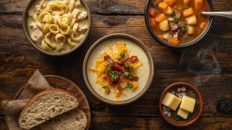 Bowls of chicken noodle, potato, and vegetable beef soups on a wood table.