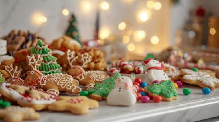 A bright, cheerful kitchen counter scattered with colorful holiday treats shaped like reindeer, snowmen, and Christmas trees.