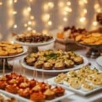 An elegant appetizer table filled with prepped party favorites like cheese balls, pinwheels, stuffed mushrooms, and savory bites.