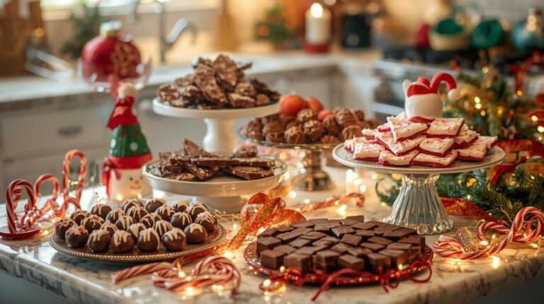 A bright holiday countertop filled with no-bake treats like chocolate truffles, peppermint bark, and sprinkle-covered bites.