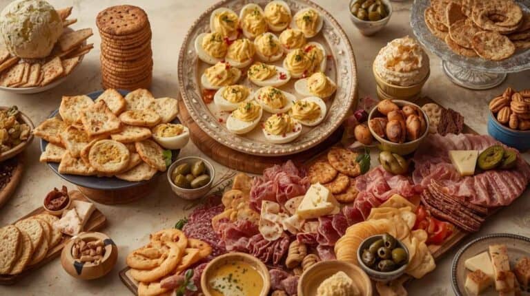 A classic appetizer table with deviled eggs, cheese spreads, crackers, and bite-size snacks.
