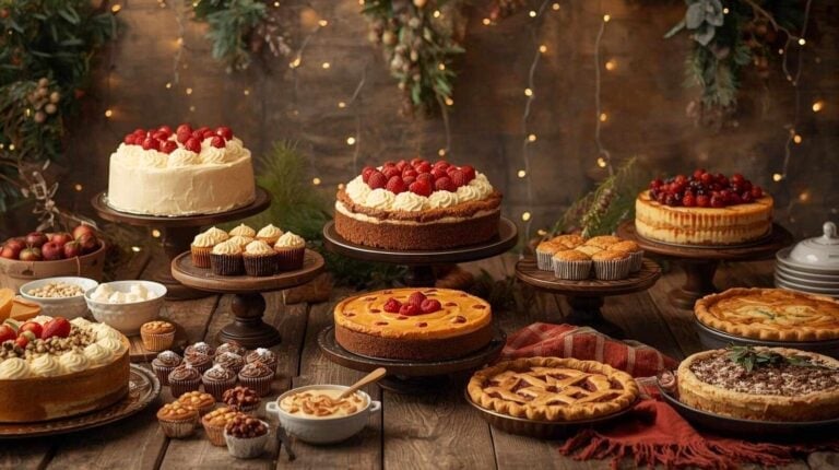 A dessert table filled with old-fashioned cakes and pies.