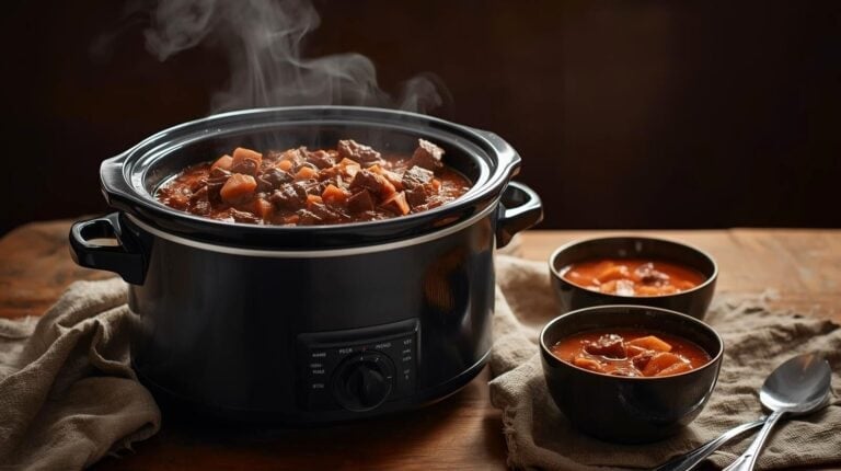 Beef stew in a slow cooker and in two bowls next to it.