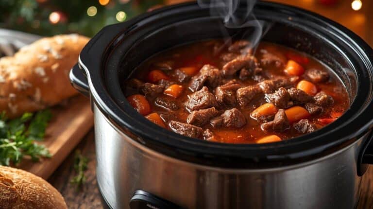 A hearty slow cooker simmering with rich meats, vegetables, and aromatic herbs, as steam curls into the chilly evening air.