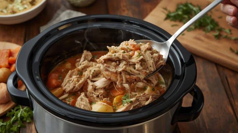 A slow cooker on a kitchen counter filled with tender shredded chicken in a light herb gravy, surrounded by carrots, potatoes, and onions.
