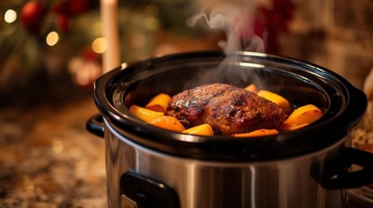 A slow cooker bubbling away on the counter, filled with a beef roast and vegetables.