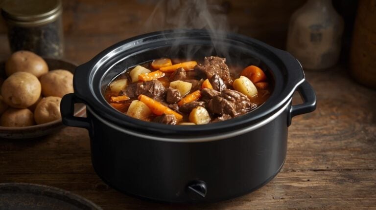 A slow cooker filled with beef stew, showing chunks of beef, potatoes, carrots, and rich broth.