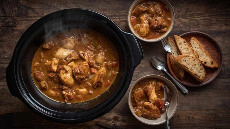 Chicken stew in a slow cooker and bowls beside it. Crusty bread slices on a plate.