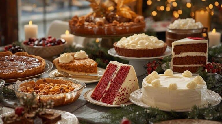 A Southern holiday dessert table overflowing with classic cakes and pies on heirloom dishes.