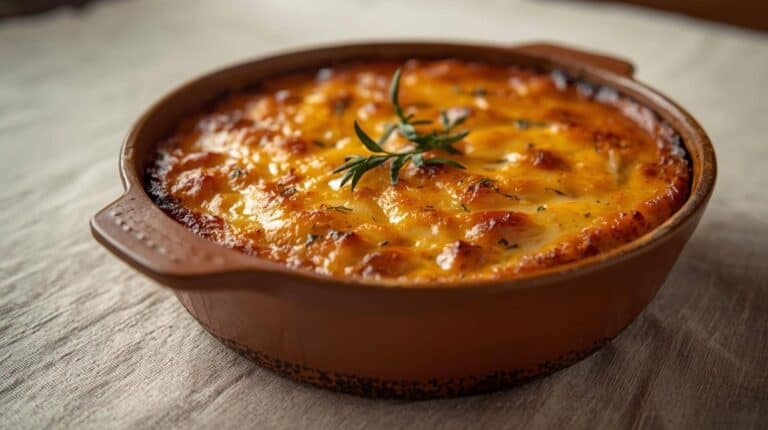 A casserole in a vintage baking dish on a table.