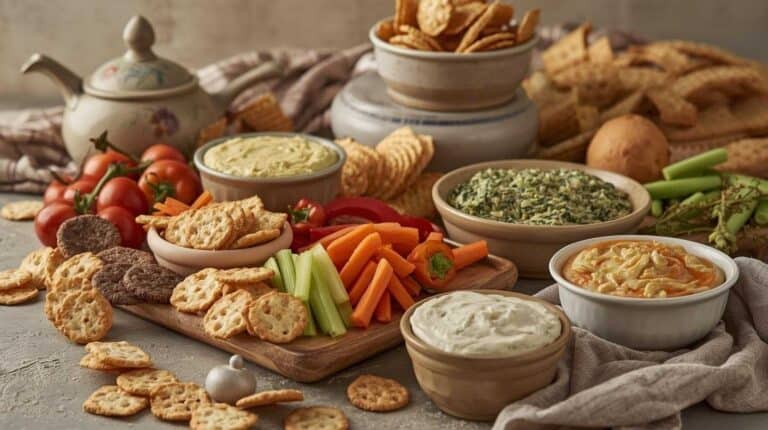 A nostalgic party spread of classic dips arranged neatly with crackers and vegetables.