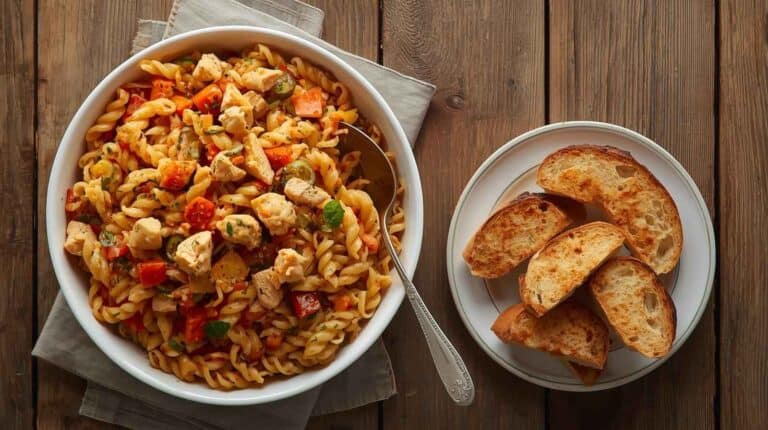 Chicken and vegetable pasta in a serving bowl and slices of crusty bread on a plate.
