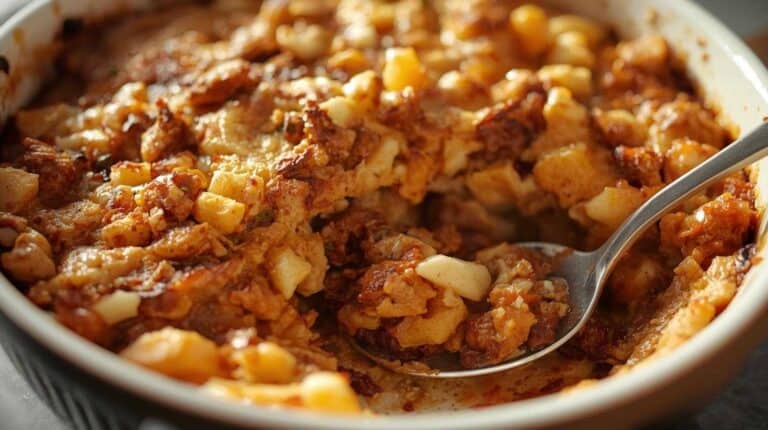A casserole in a baking dish and a spoon taking a portion of it.