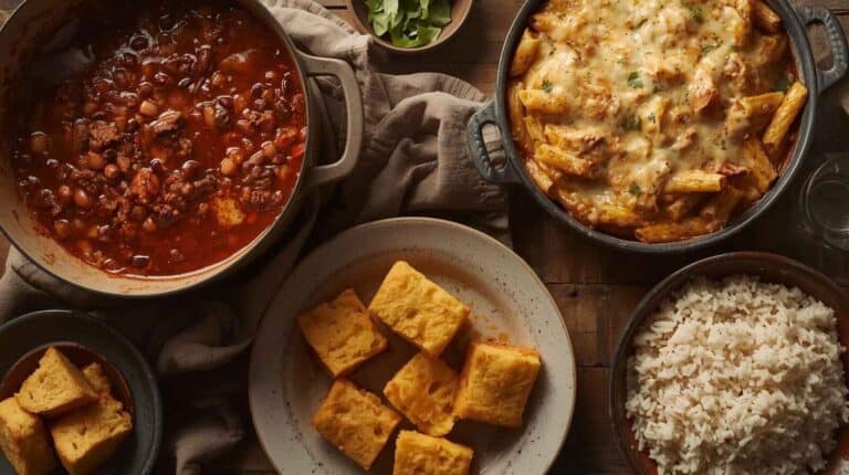 A pot of chili with beans and ground meat, a pan of baked pasta with melted cheese, cornbread squares on a plate, and a bowl of rice.