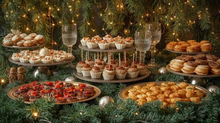A sparkling holiday appetizer spread filled with bite-size savory treats—brie bites, stuffed mushrooms, skewers, and golden puff-pastry nibbles—arranged on elegant platters.