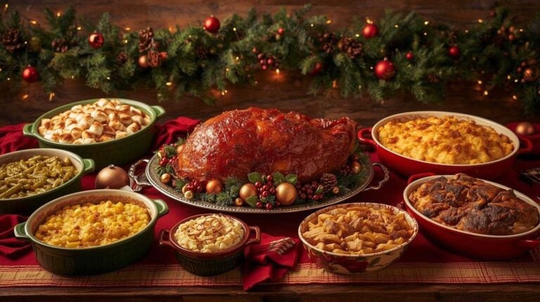 A festive dinner table packed with bubbling Christmas casseroles around a glazed ham.