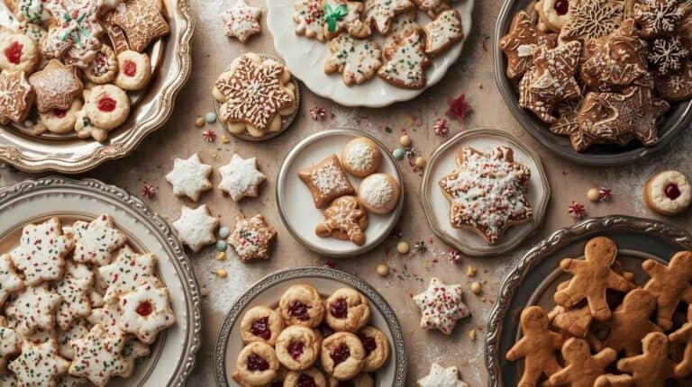 A nostalgic cookie table featuring old-fashioned Christmas classics—sugar cookies, snowballs, jam thumbprints, and spice drops—presented on vintage platters.