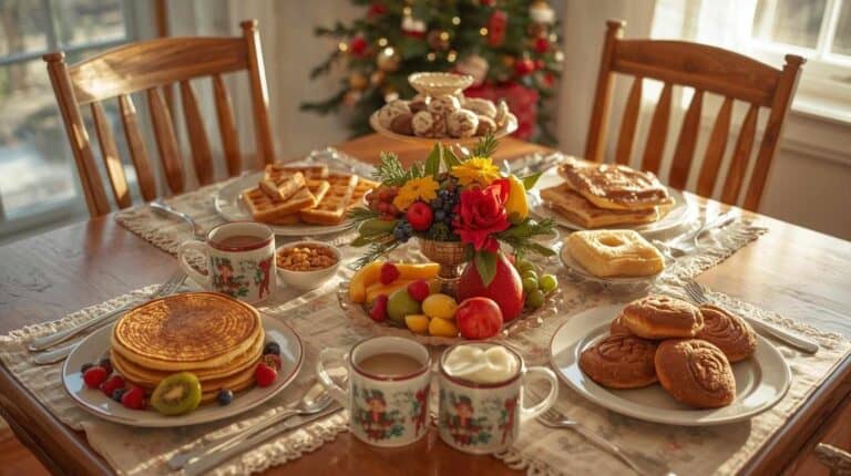 A cheerful Christmas morning table stacked with pancakes, casseroles, cinnamon rolls, and fresh fruit.