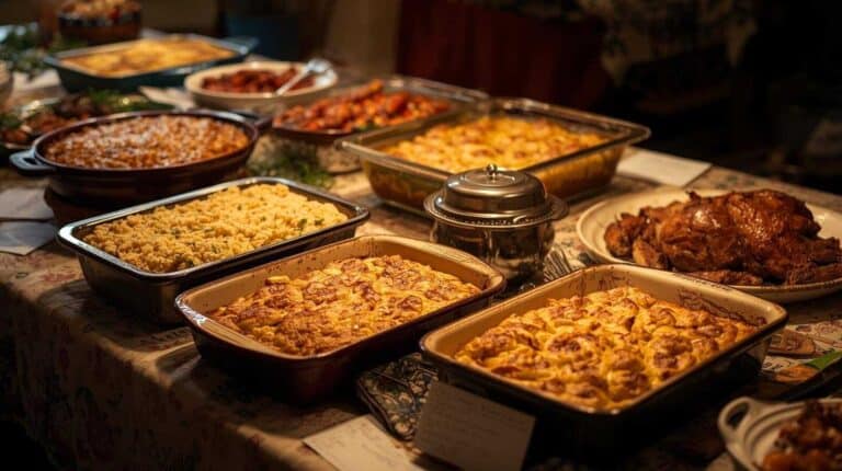 A warm potluck scene featuring familiar comfort foods like casseroles and baked mains in practical serving dishes.