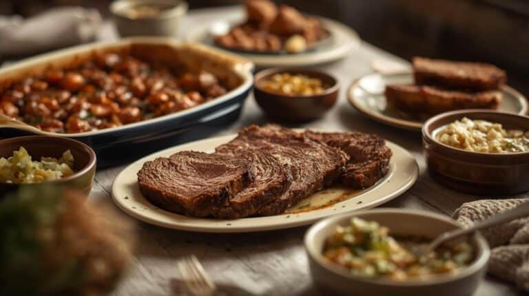 A hearty dinner table with casseroles, baked mains, and simple sides served family-style.