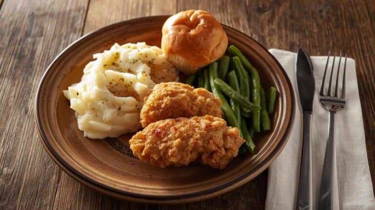 Fried chicken, mashed potatoes with gravy, green beans, and a roll on a plate.