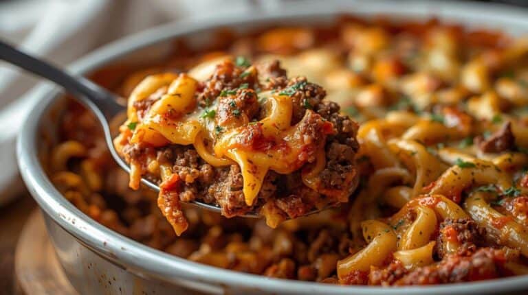 Beef and pasta casserole on a serving spoon over the dish.
