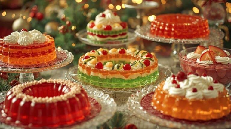 A festive table lined with shimmering retro Jello creations in vibrant holiday hues of red, green, and orange.