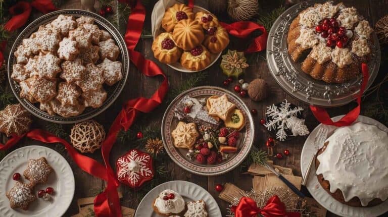 A festive holiday dessert spread inspired by vintage church cookbooks, glittering trays of cookies, glazed Bundt cakes, old-fashioned bars, and powdered-sugar-coated classics.