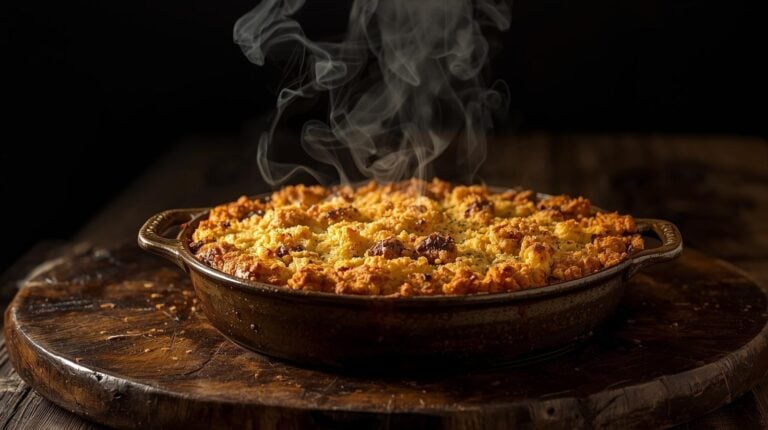 Deep, hearty casserole fresh from the oven, rich and filling, placed on a sturdy table.