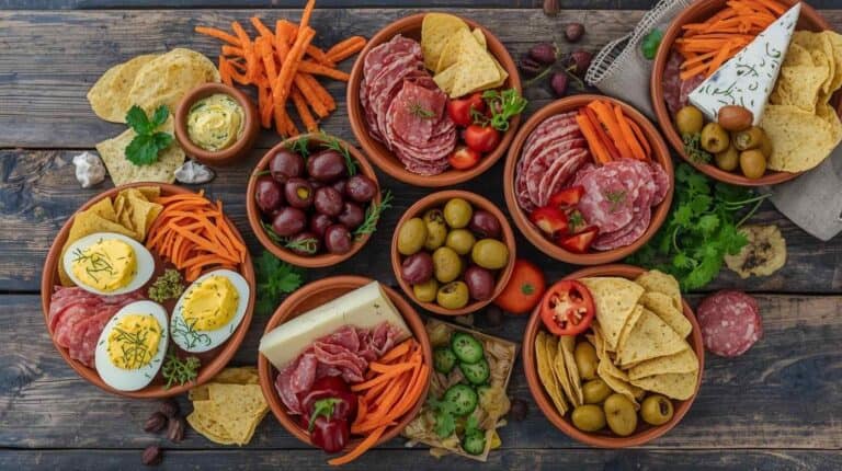 An assortment of appetizers, dips, and chips on a wooden table.