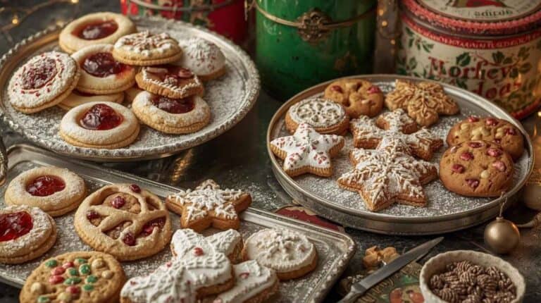 A nostalgic assortment of retro Christmas cookies arranged on vintage platters beside old-fashioned holiday tins.