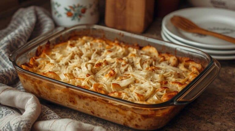 A noodle casserole in a glass baking dish on a kitchen counter.