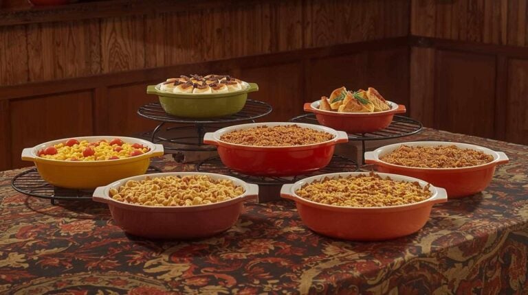 A retro kitchen setup with bold-colored casseroles in orange and brown Pyrex dishes.