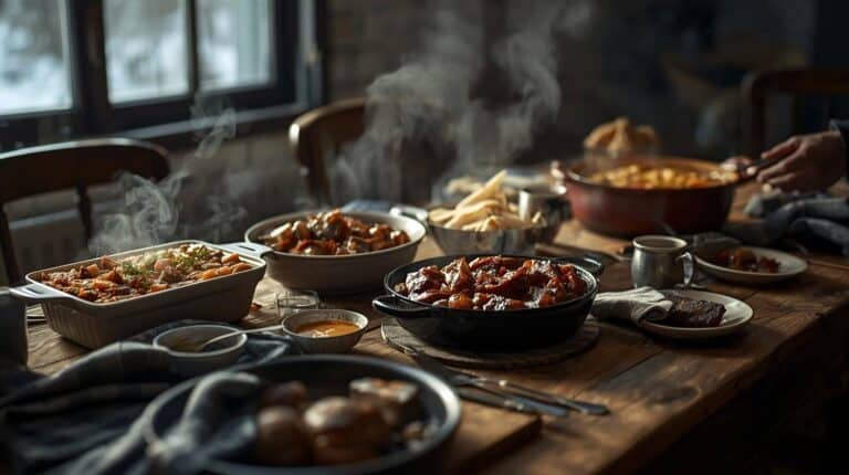 A rustic dinner table set with hearty comfort foods like casseroles, stews, and baked dishes served family-style.