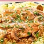 Homemade Cracker Barrel chicken and rice with mushroom gravy.