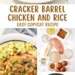 Homemade Cracker Barrel chicken and rice on a plate, the ingredients, and cooking in a skillet.