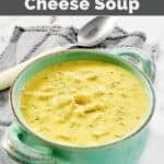 A bowl of Jason's Deli broccoli cheese soup on a marble surface.