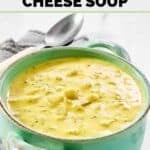 A bowl of homemade Jason's Deli broccoli cheese soup and a spoon behind it.