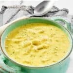 Homemade Jason's Deli broccoli cheese soup in a soup crock.