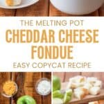 Copycat Melting Pot cheddar cheese fondue and the ingredients to make it.