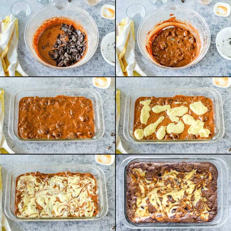 Adding crushed Oreos and cream cheese mixture to brownie batter, swirling, and baking it.