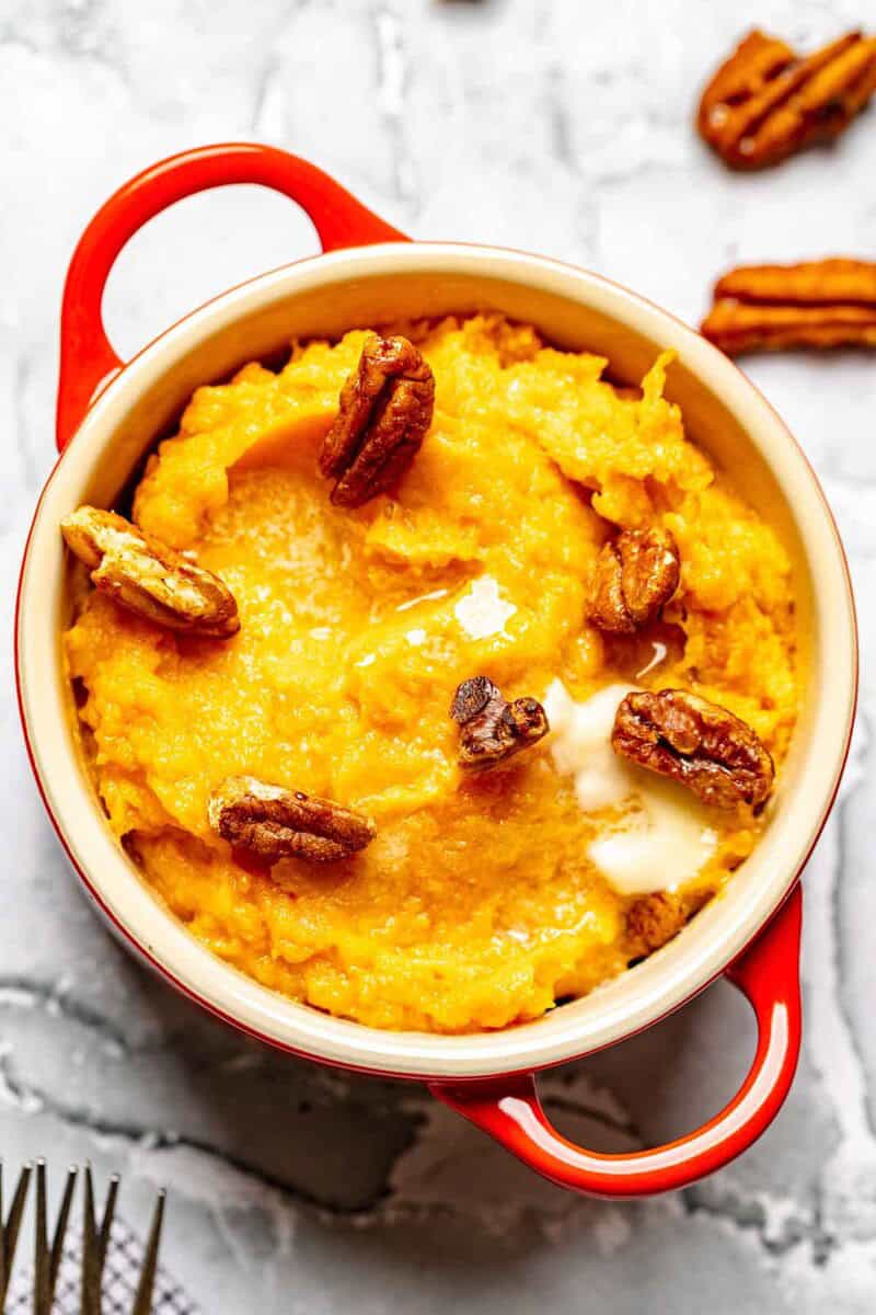 Copycat Red Lobster whipped sweet potatoes with honey roasted pecans on top.