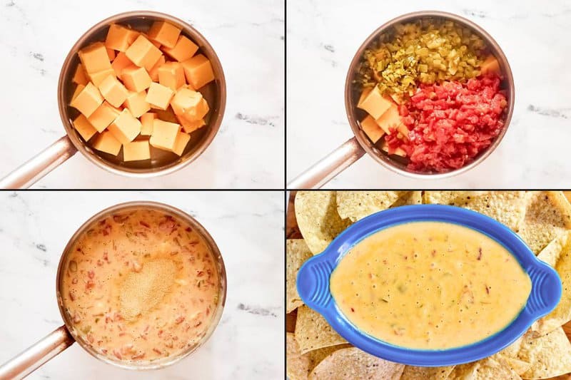 A 4-panel collage showing steps: cubing Velveeta, adding chiles and tomatoes, melting the cheese, and serving with chips.