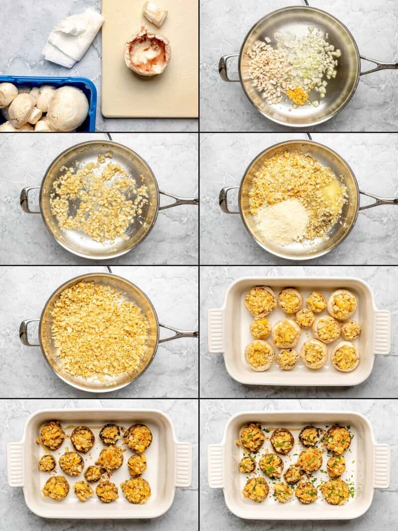 Making stuffed mushrooms with Ritz crackers.