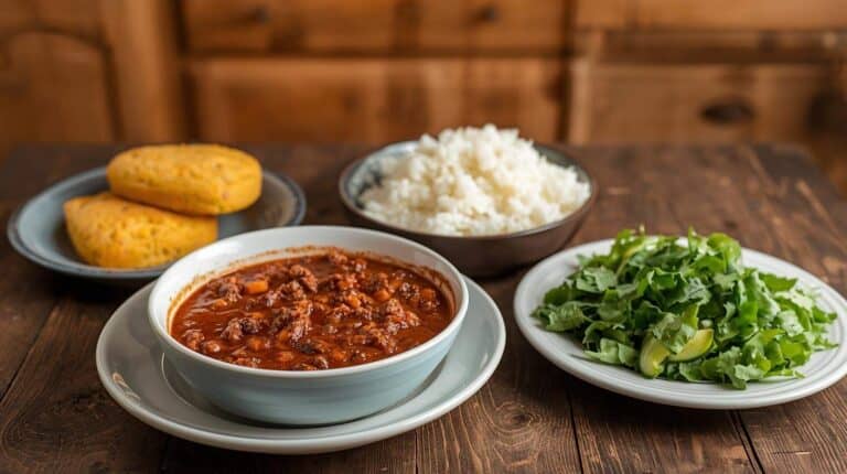 A family-style meal with ground beef chili, cornbread, rice, and a simple salad.